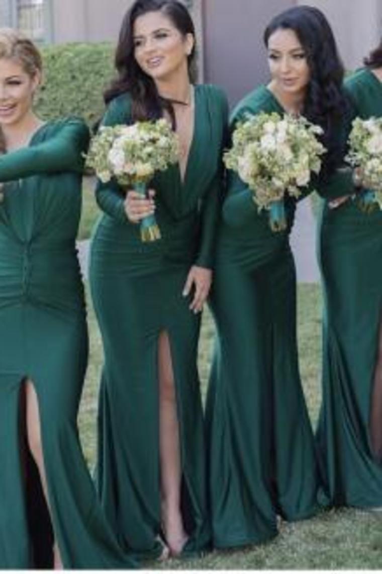 V Neck Long Sleeves Mermaid Bridesmaid Dresses With Slit