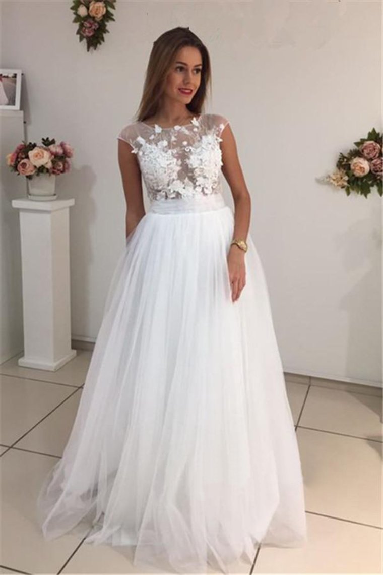 2024 Scoop A Line Wedding Dresses Tulle With Applique Sweep Train