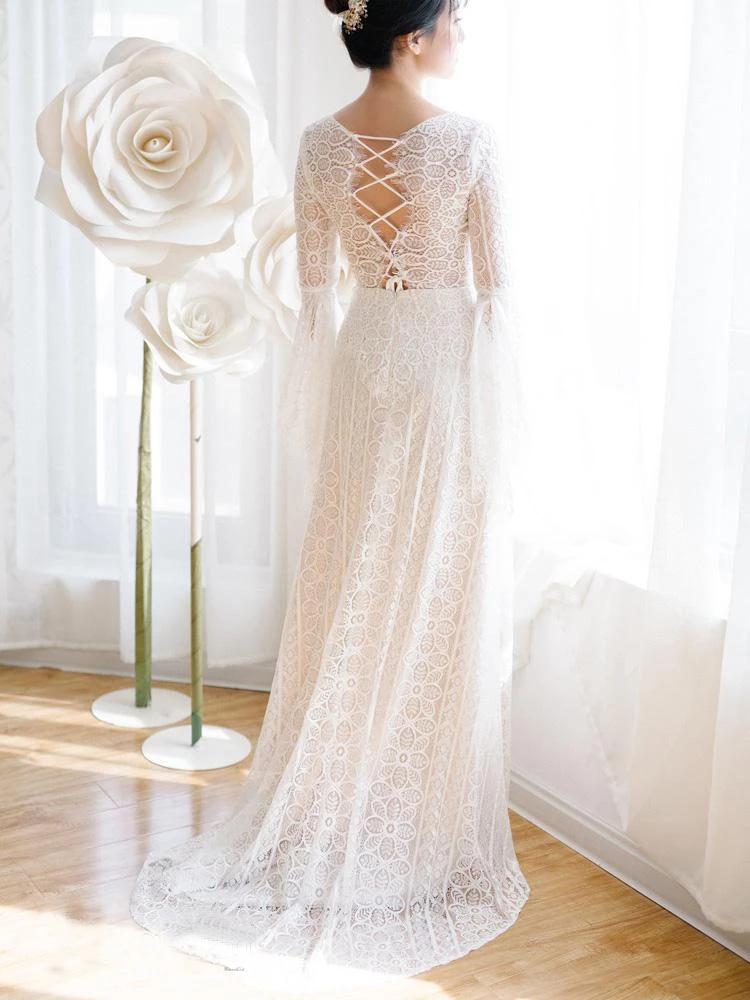 Unique V Neck Lace-up Mermaid Back Bridal Dresses Ivory Lace Trumpet Sleeve Wedding Dresses SRS15469