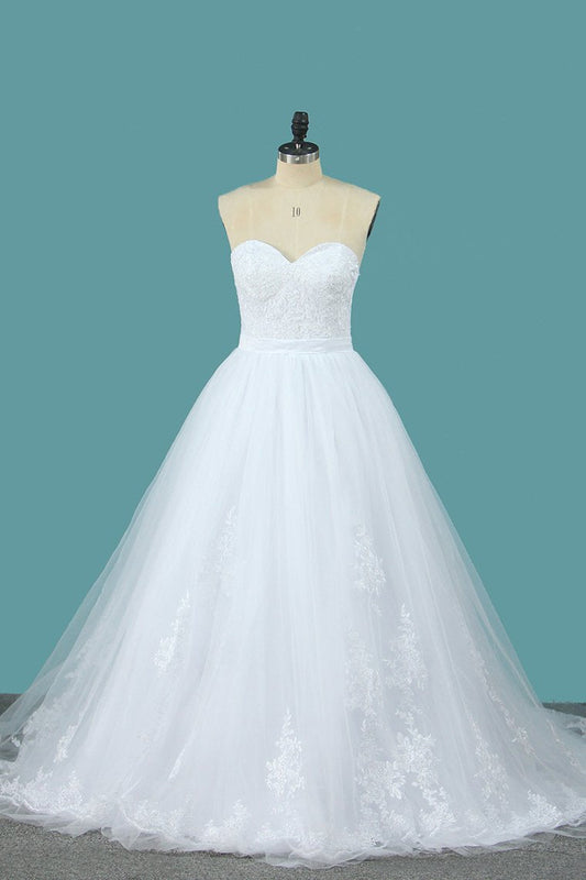 2024 Tulle A Line Sweetheart Wedding Dress With Applique And Sash