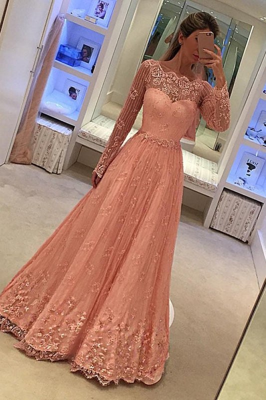 2024 Prom Dresses Long Sleeves A Line Lace With Applique Floor Length