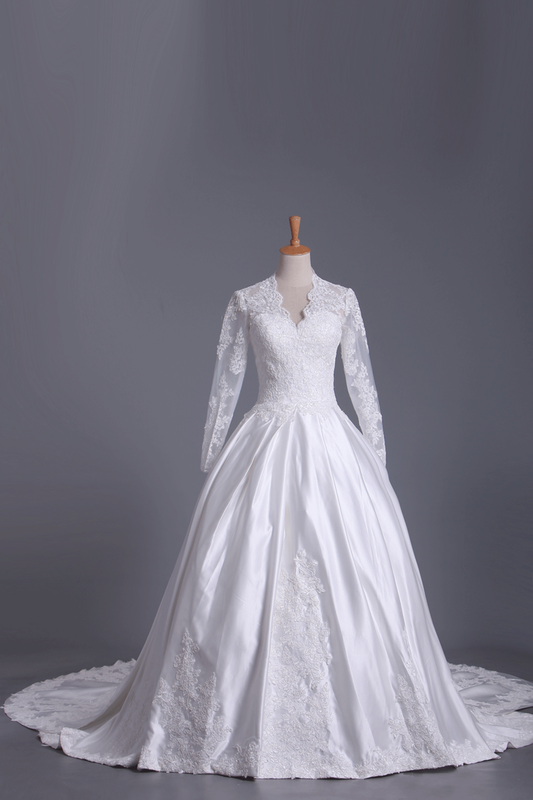 Wedding Dresses A Line V Neck Long Sleeves With Applique Satin