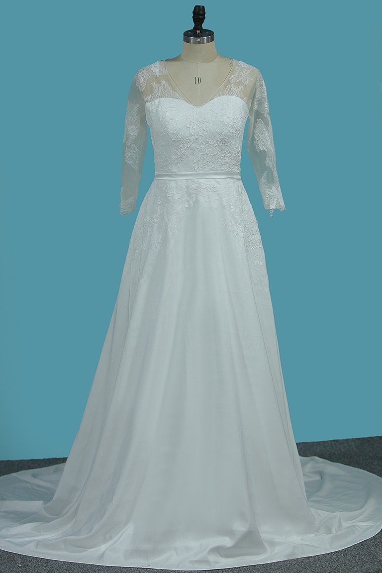 V Neck 3/4 Length Sleeves Chiffon Wedding Dresses With Applique A Line