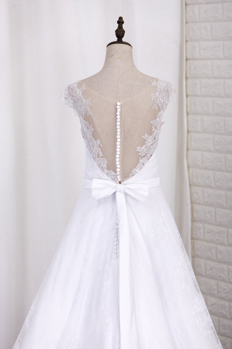 V Neck A Line Wedding Dresses Lace With Sash Court Train