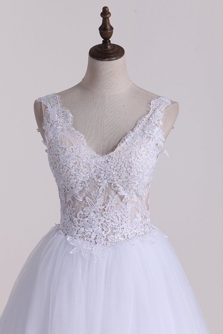 V Neck With Applique Wedding Dresses Tulle A Line Chapel Train