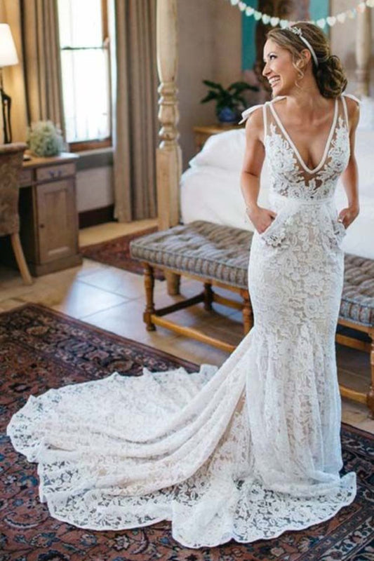 Mermaid V Neck Lace With Applique Court Train Wedding Dresses