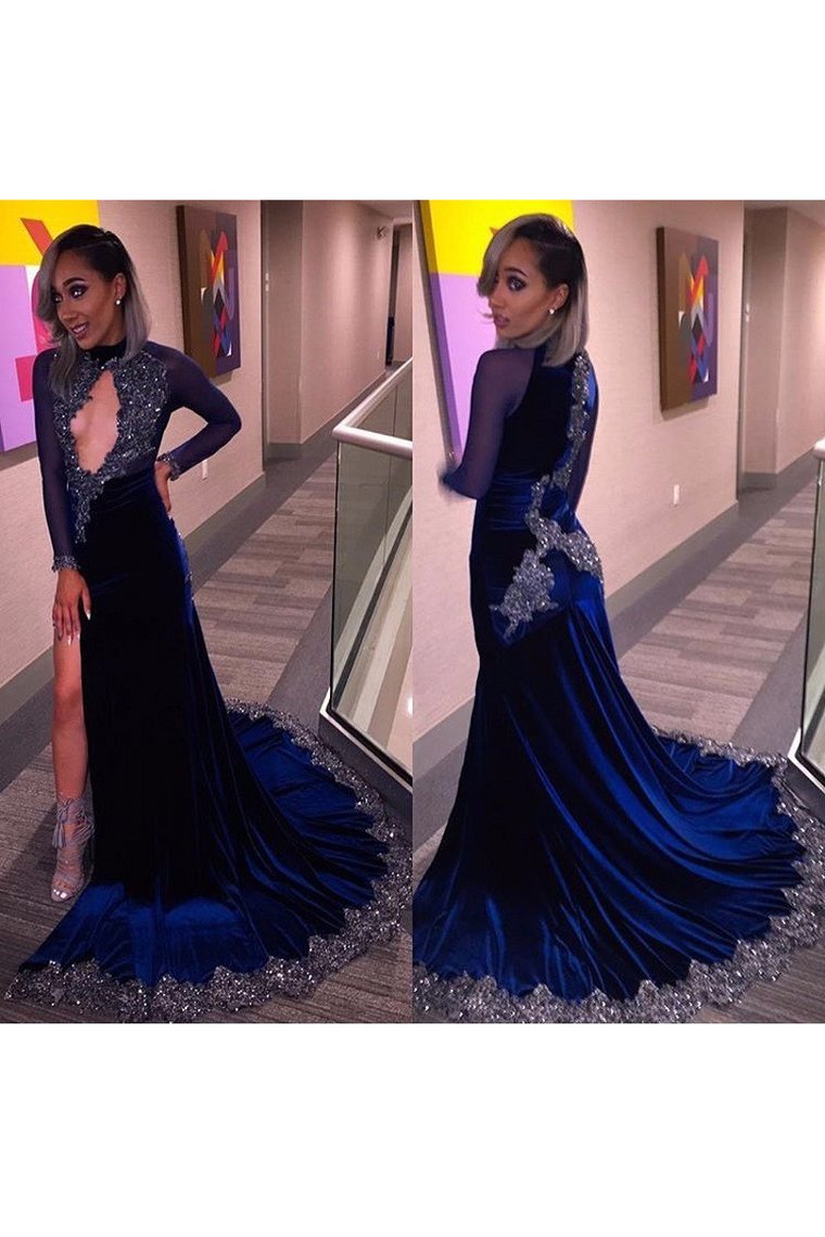 2024 Prom Dresses Mermaid High Neck Long Sleeves Velvet With Beading