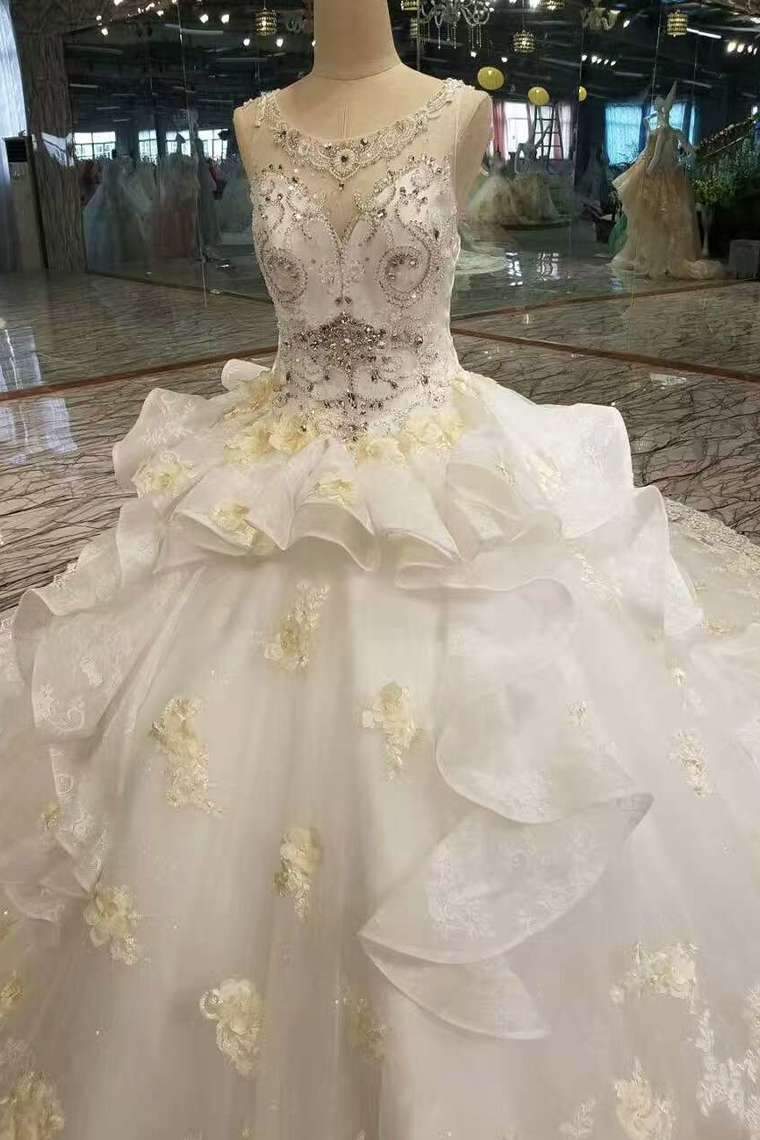 Luxury Floral Scoop Neck Tulle Wedding Dresses Lace Up With Appliques And Rhinestone