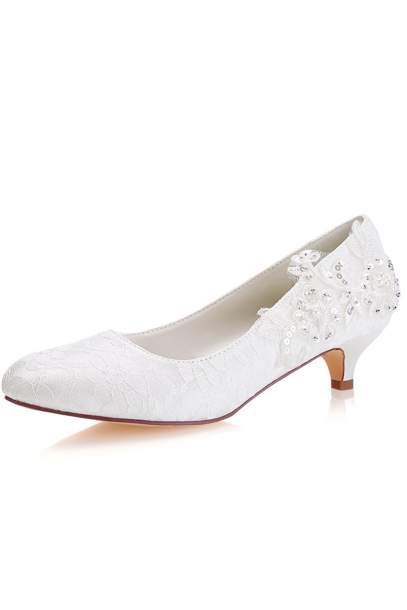 White Lace Sequins Wedding Shoes Lower heel Evening SRS14501