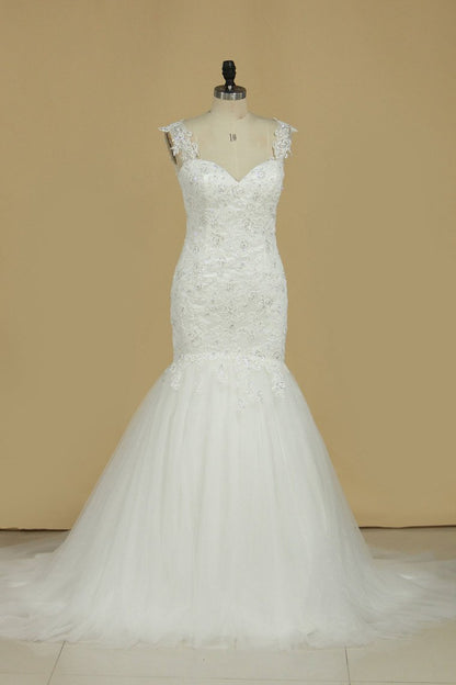 2024 Mermaid Wedding Dresses Straps Tulle Court Train With Applique