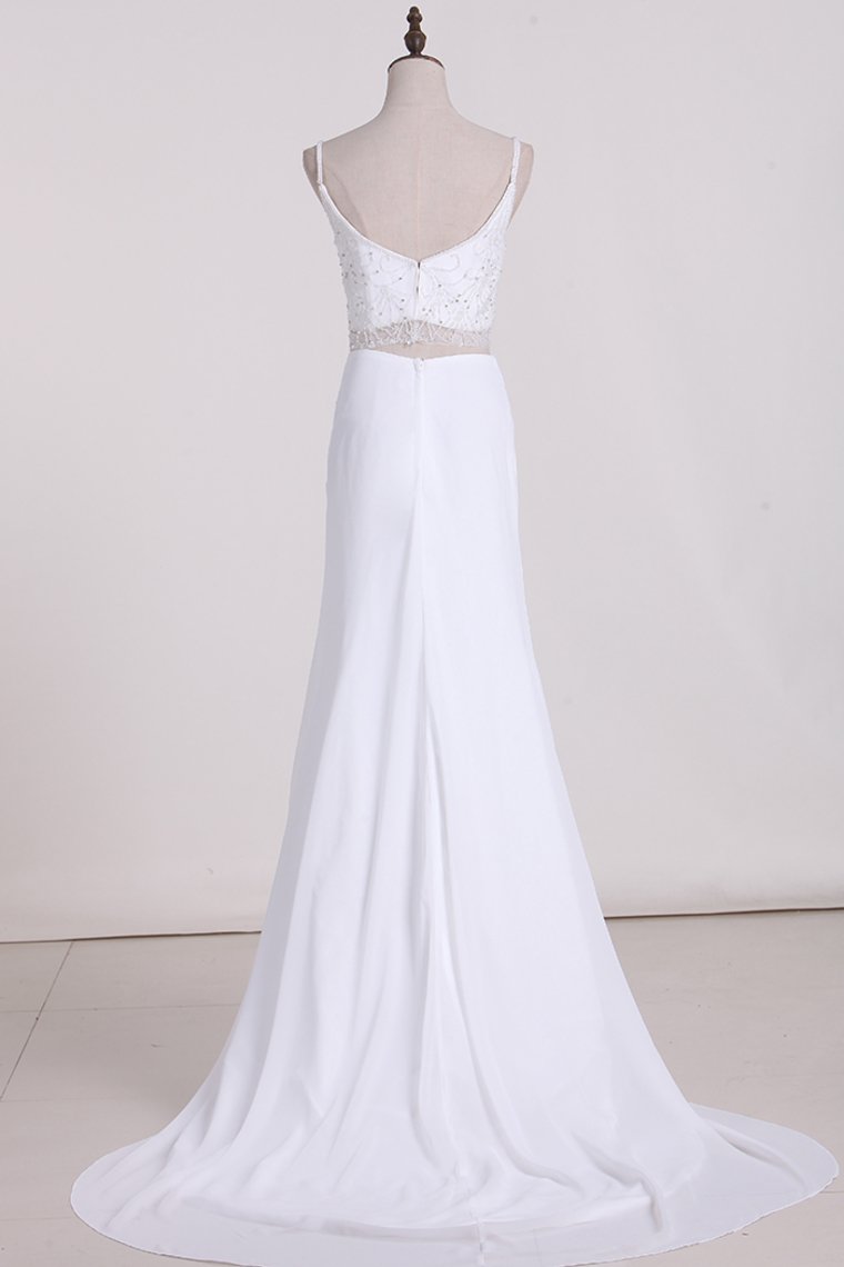 Two-Piece Spaghetti Straps Wedding Dresses A Line Chiffon With Beading