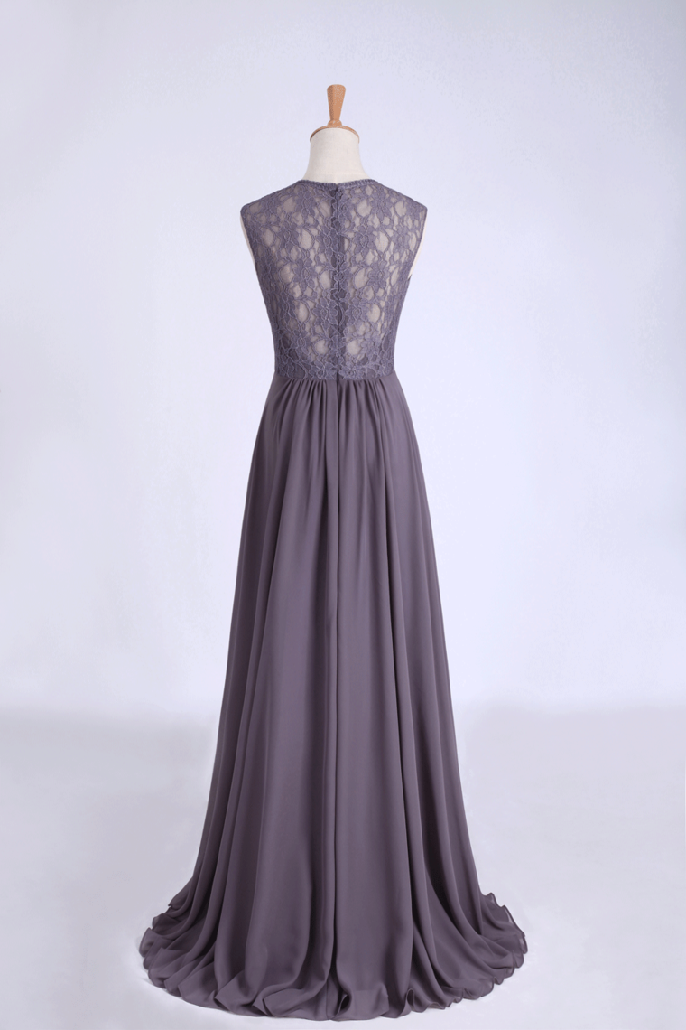 V-Neck A Line Bridesmaid Dresses Floor Length Lace & Chiffon