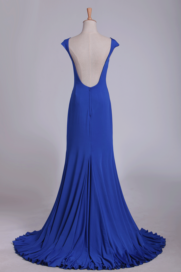 2024 Open Back Bateau Spandex Evening Dresses Mermaid Sweep Train