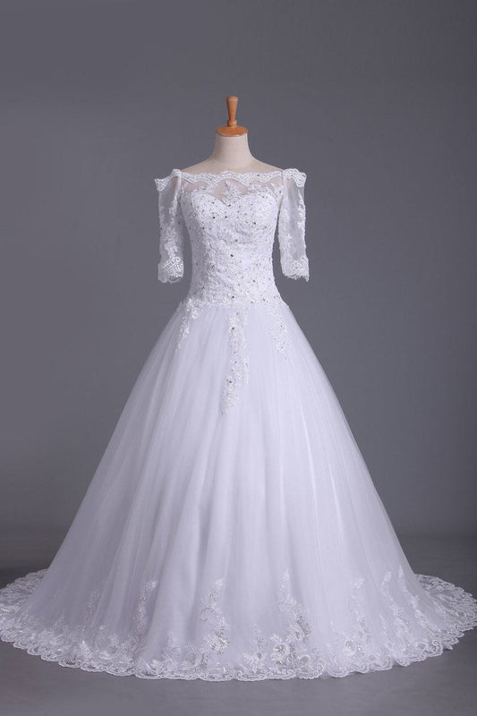 2024 Mid-Length Sleeves Boat Neck Wedding Dresses A Line Tulle With Applique And Beads