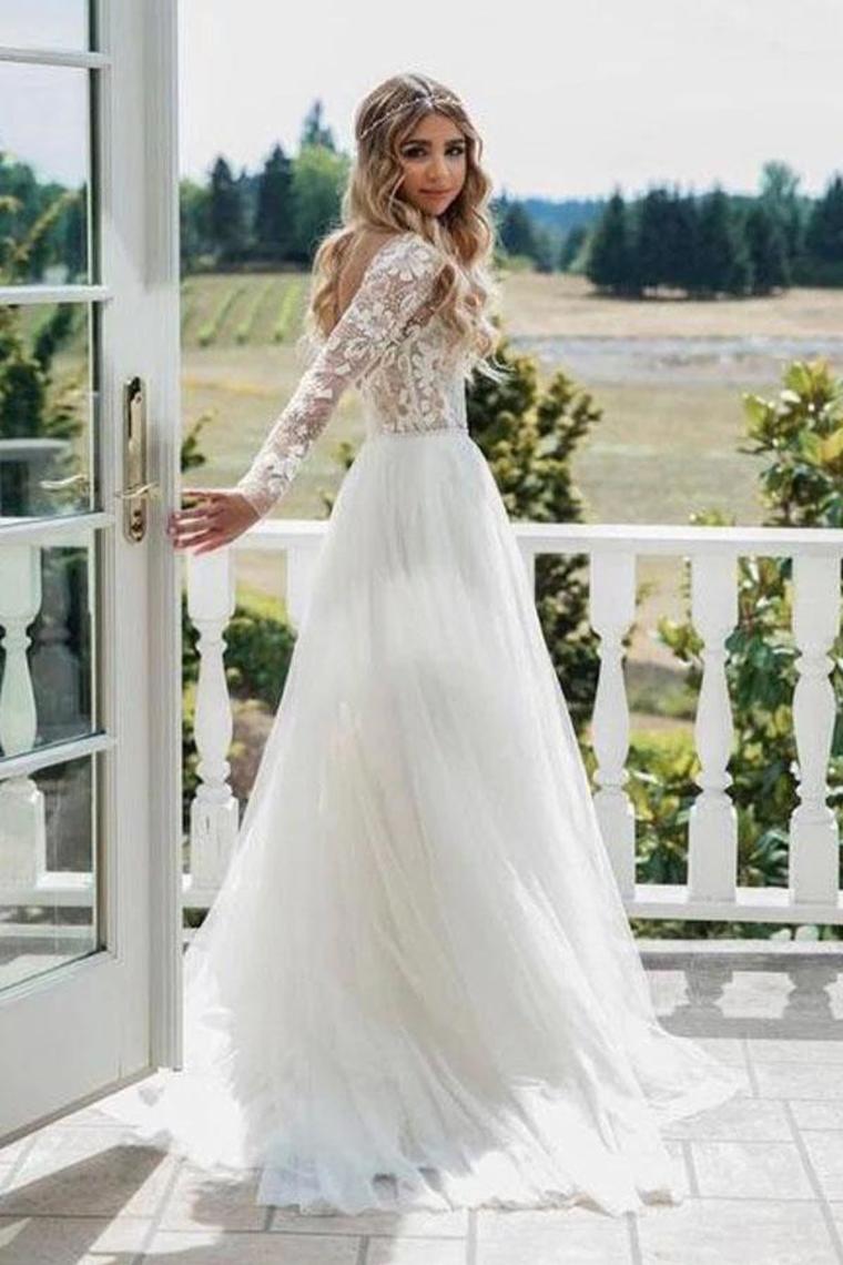 Chic A-Line Long Sleeves Lace Bodice See Through Wedding Dresses Backless Country Wedding SRSPY73AEE8