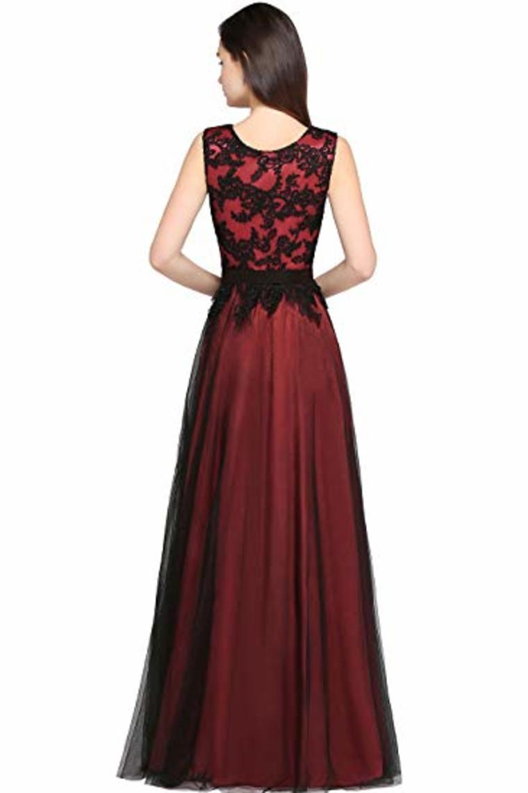 Lace Tulle Round Neck A Line Sleeveless Wedding Bridesmaid Long Evening  Festive Party Dress