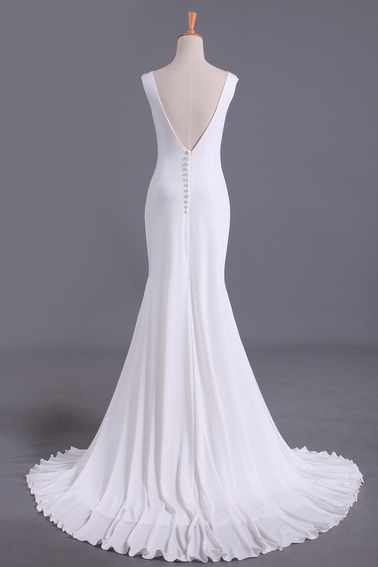 White Scoop Mermaid/Trumpet Wedding Dresses Spandex Court Train