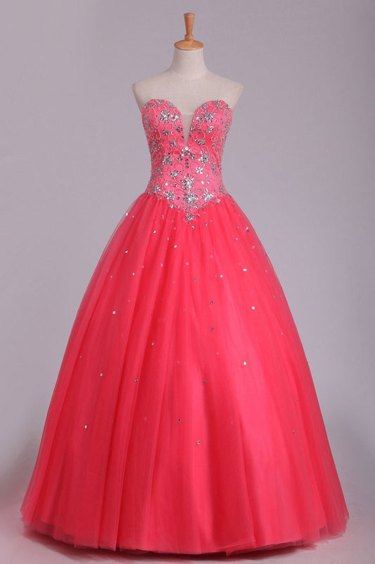 2024 Quinceanera Dresses Ball Gown Sweetheart Floor Length Beaded Bodice Tulle