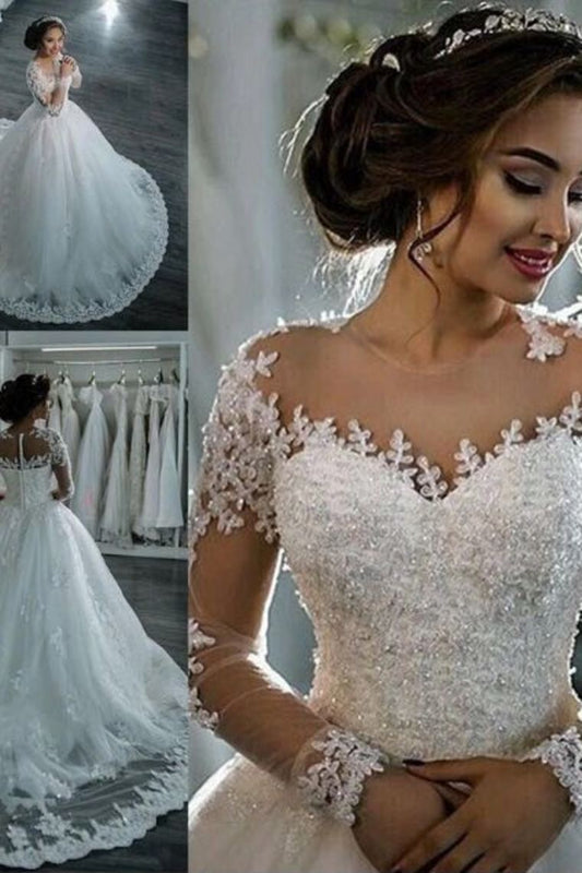 2024 New Arrival Long Sleeves Tulle Wedding Dresses Scoop Neck With Appliques