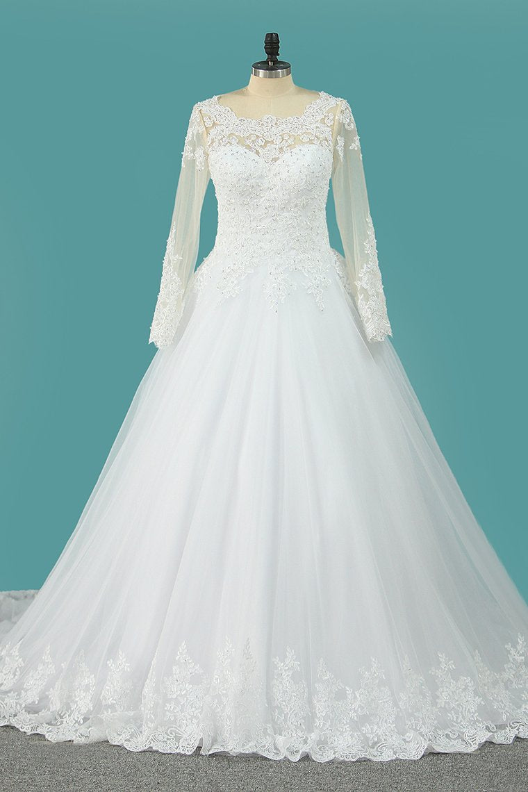 Wedding Dresses Scoop Long Sleeves A Line Tulle With Applique