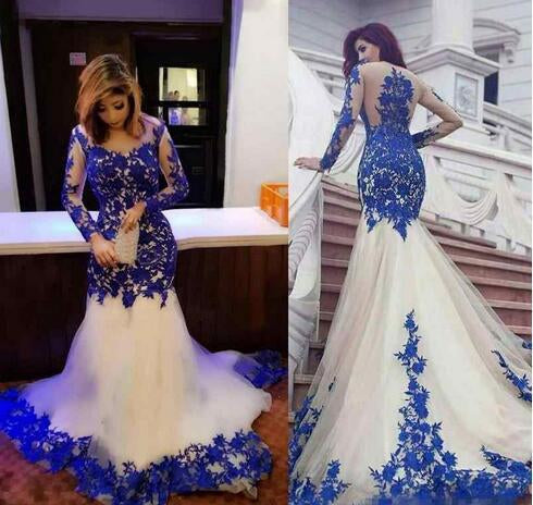 Mermaid Royal Blue Scoop Appliques Tulle Prom Dresses Long Evening SRS20464