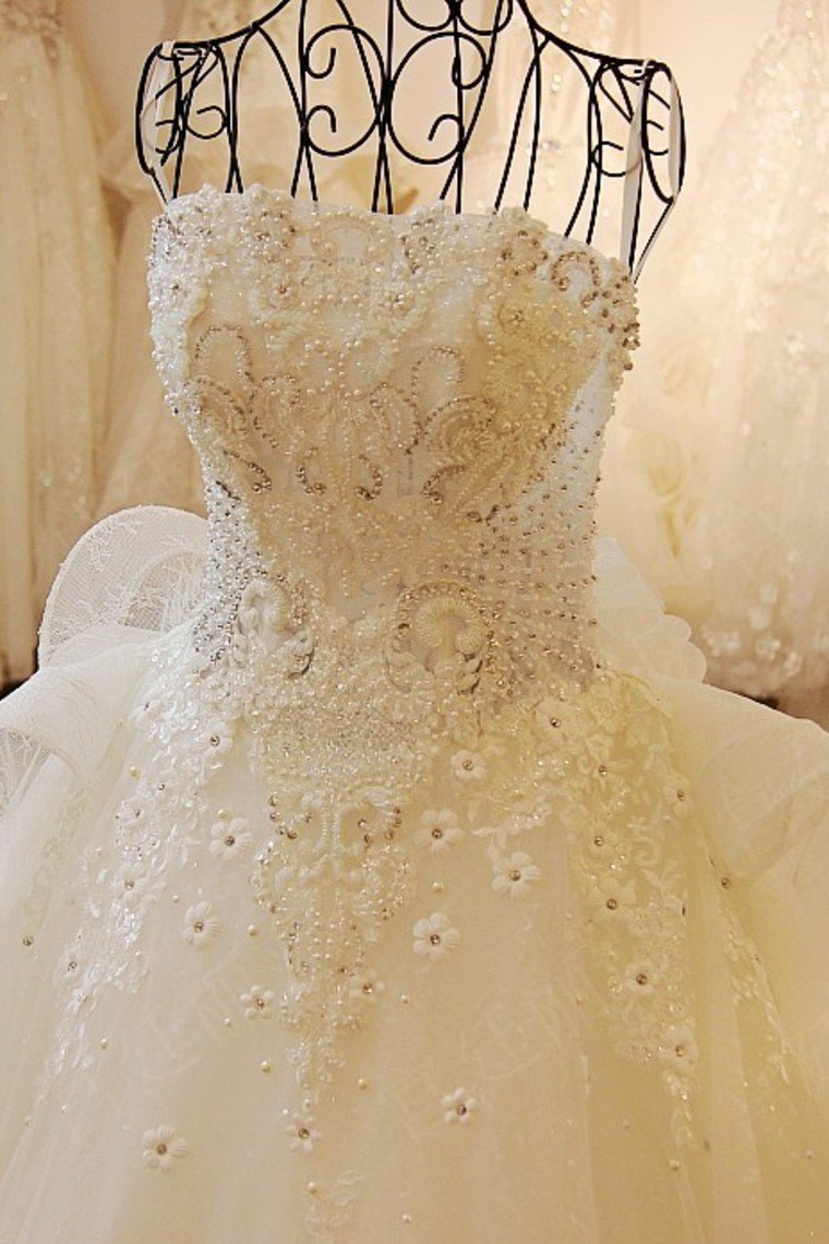 Wedding Dresses Strapless High Quality Custom Made A-Line Tulle With Beads And Pearls