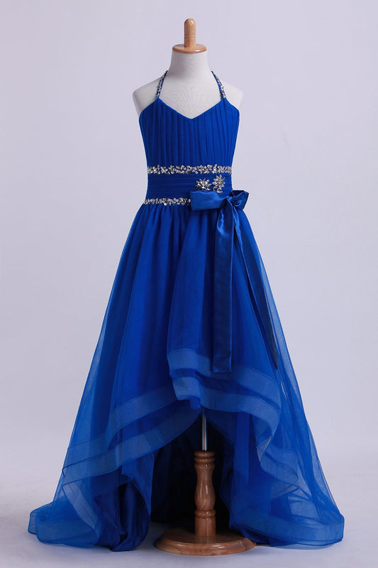 Dark Royal Blue Halter A Line High Low Flower Girl Dresses Beaded Tulle