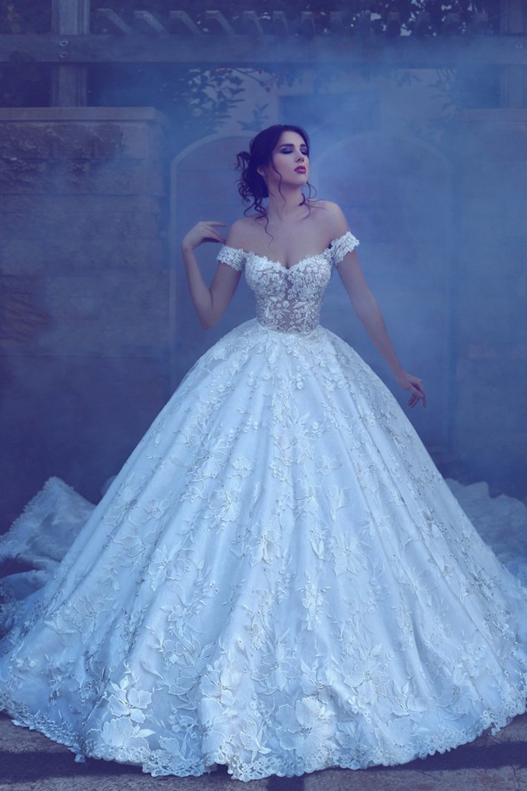 2024 Lace A Line Off The Shoulder Wedding Dresses With Applique Chapel Train