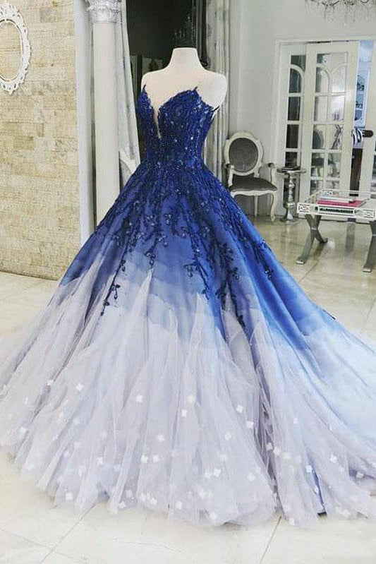 Ombre Ball Gown Royal Blue Prom Dresses With Appliques, Long V Neck Quinceanera Dresses SJS15275