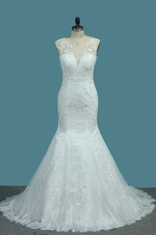 Scoop Wedding Dresses Mermaid With Applique Lace Open Back