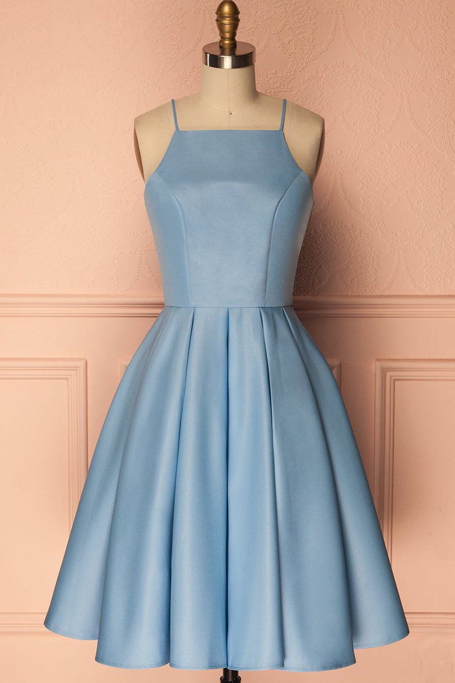 A Line Blue Halter Sleeveless Short Satin Knee Length Homecoming Dress JS601