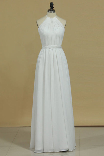 2024 Sexy Open Back Bridesmaid Dresses A Line Halter Chiffon Floor Length