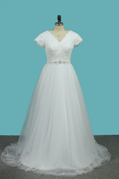 2024 Short Sleeves V Neck Wedding Dresses Tulle & Lace With Beading