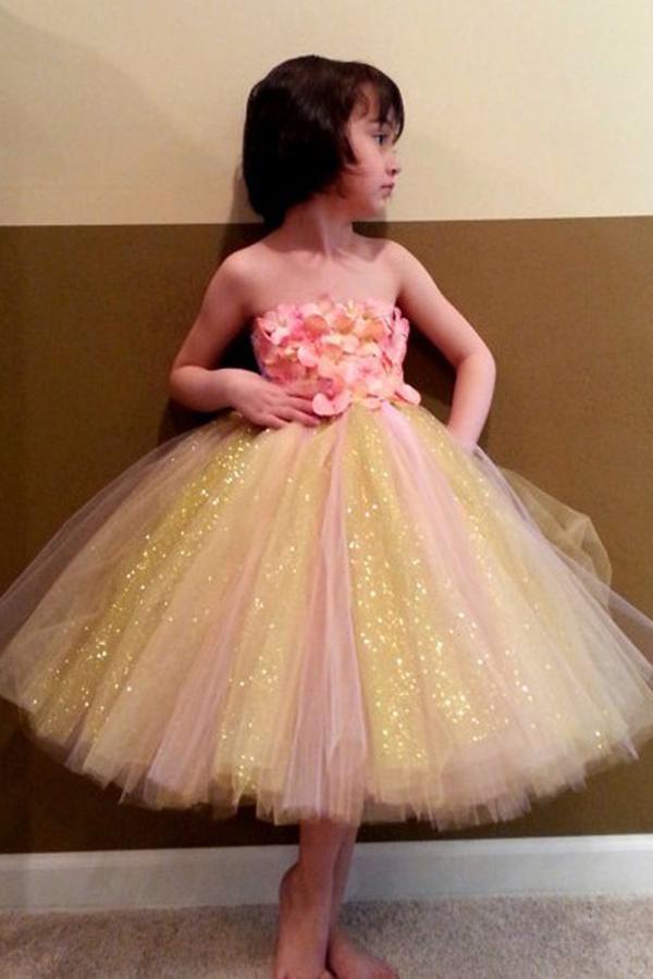 Sweet Ball Gown Strapless Tulle Ankle-length Bowknot Ribbons Multi Flower Girl Dresses