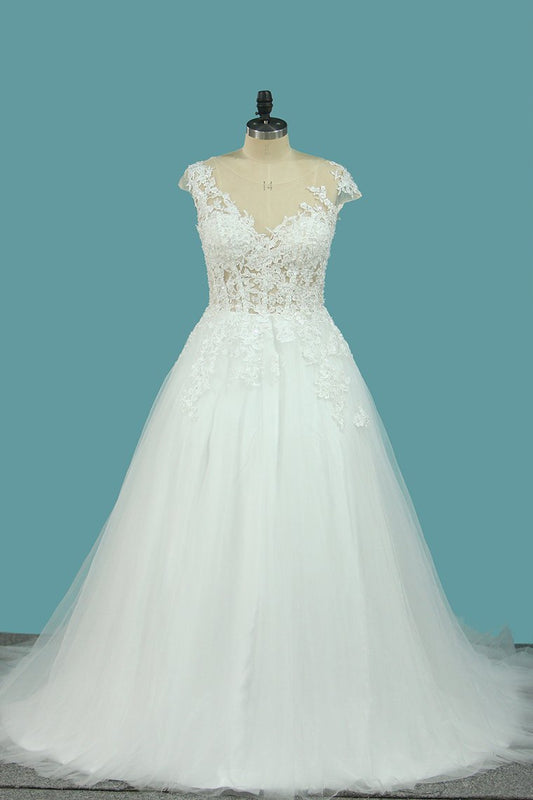 2024 A Line Tulle Cap Sleeve Scoop Wedding Dresses With Applique Court Train