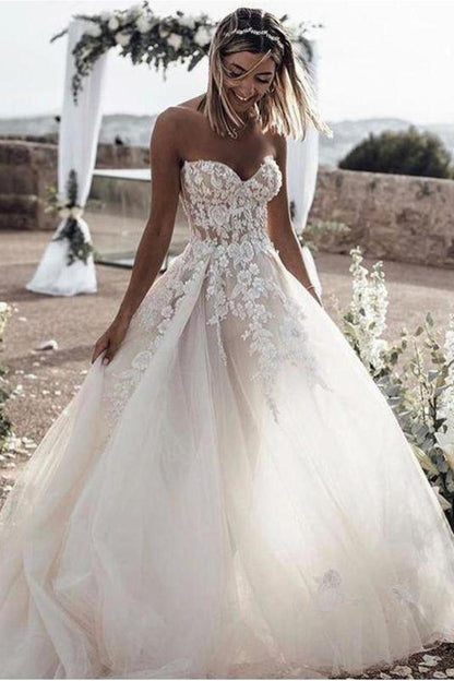 A Line Sweetheart Long Cheap Tulle Wedding Dresses With Lace Appliques