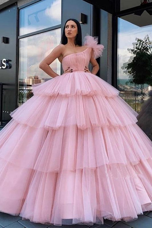 Charming Ball Gown Tulle Pink One Shoulder Long Prom Dresses, Quinceanera Dresses SRS15096