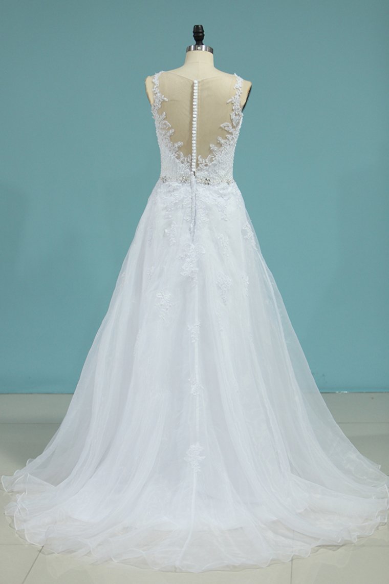 2024 Organza Scoop With Applique Wedding Dresses A Line Sweep Train