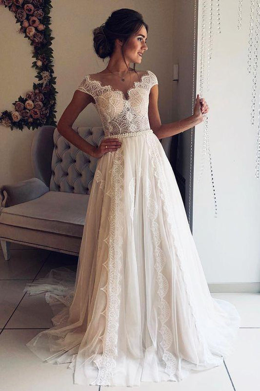 A Line Cap Sleeve Lace V Neck Chiffon Ivory Beads Wedding Dresses, Wedding Gowns SRS14996