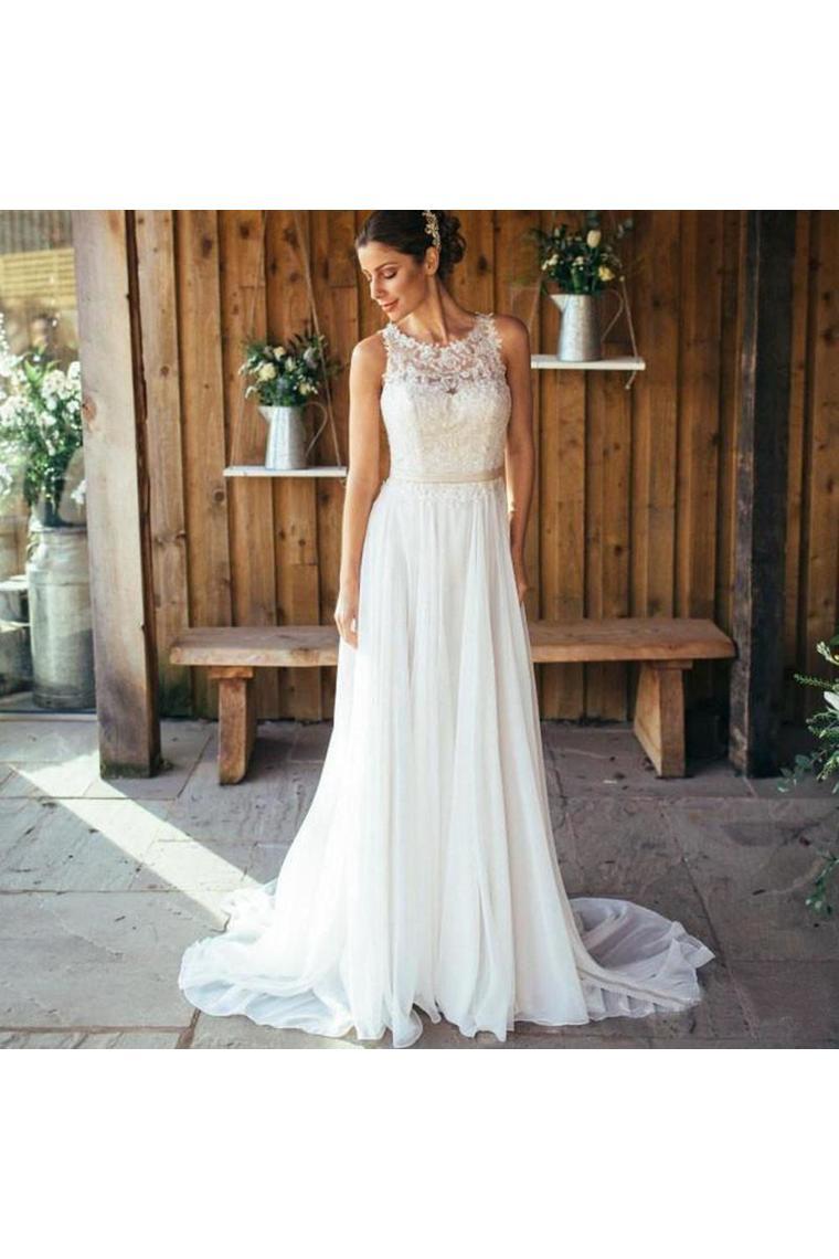 Elegant A-Line Round Neck Chiffon With Lace,Beach Boho Wedding Dresses