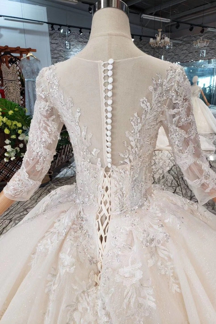 Ball Gown Lace Up Back Cathedral Train Wedding Dress Appliques&Beads