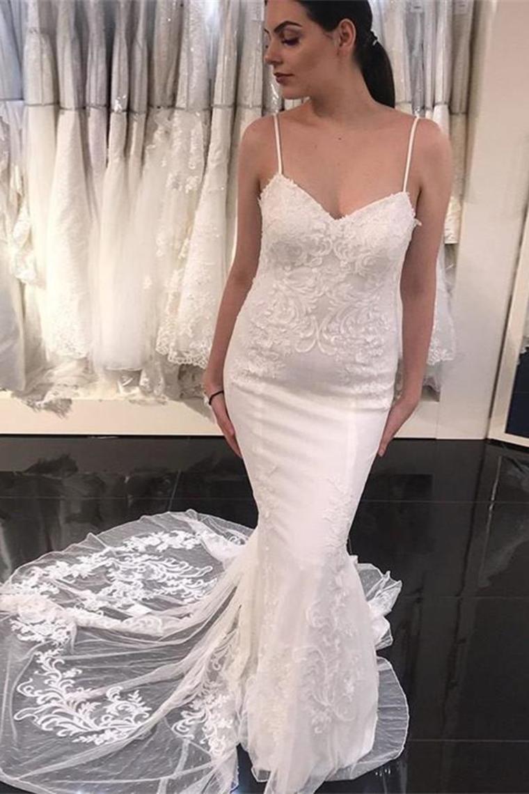 Spaghetti Straps Sheath Classy Ivory Lace Long Wedding Dresses