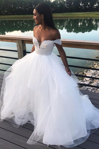 Off The Shoulder Keyhole Back Wedding Gown With Lace Top