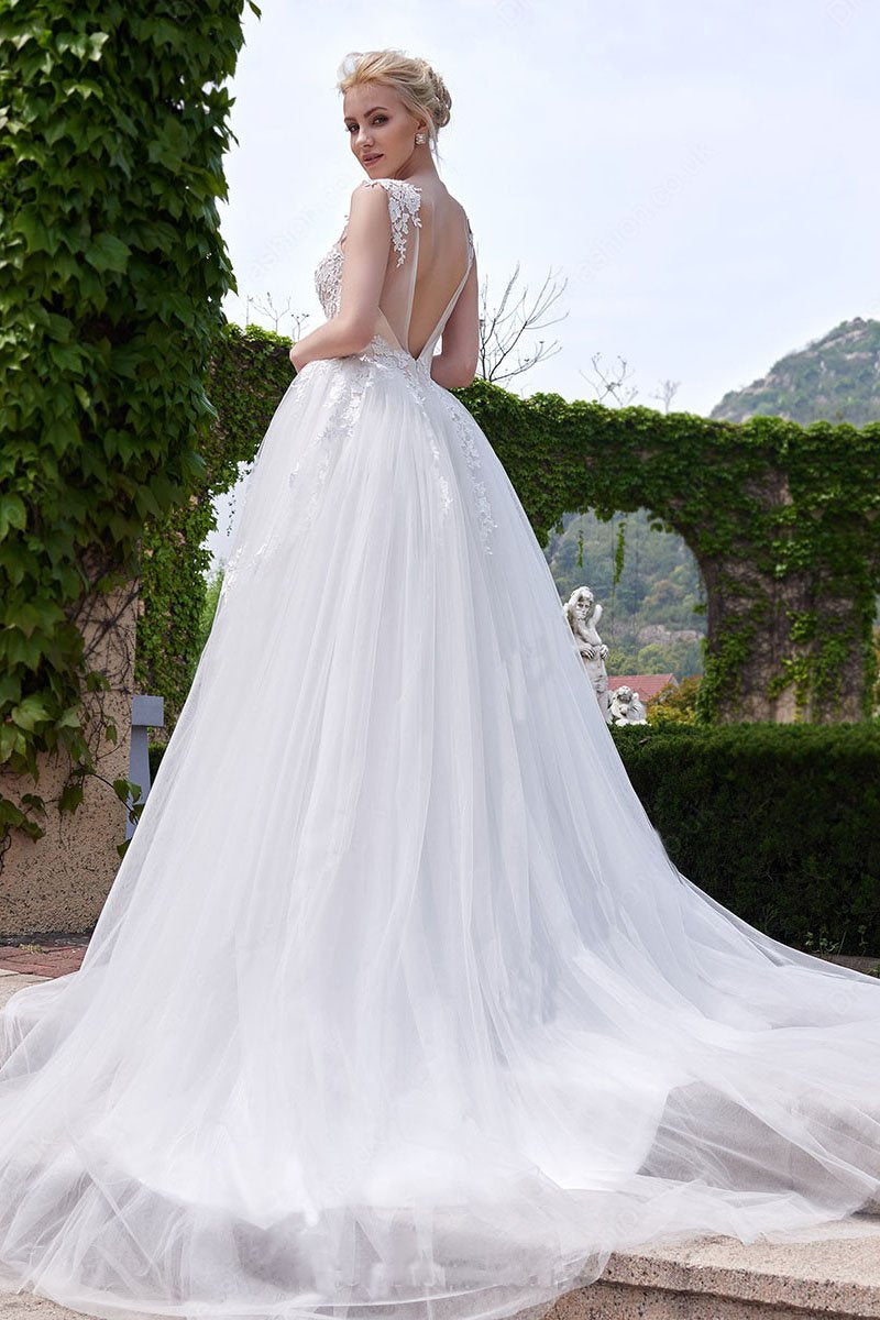 New Style A-line Scoop Neck Tulle Appliques Lace Court Train Backless Wedding Dress JS633