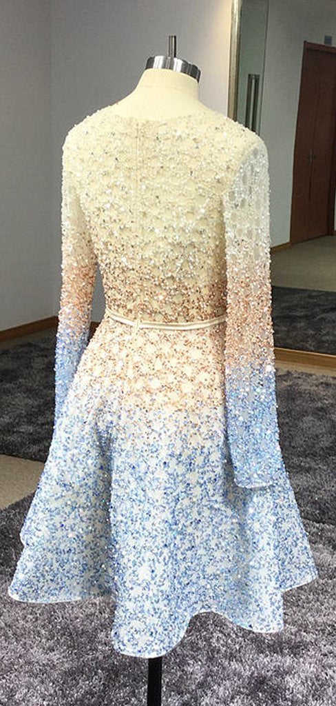 Stunning Vivian Sparkly Beading Sequin Homecoming Dresses Long Sleeve V-Neck CD1000