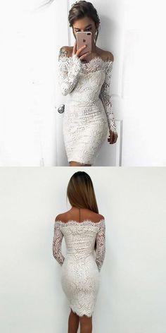 Homecoming Dresses Off-the-Shoulder Norah Long Sleeves White Lace CD10628