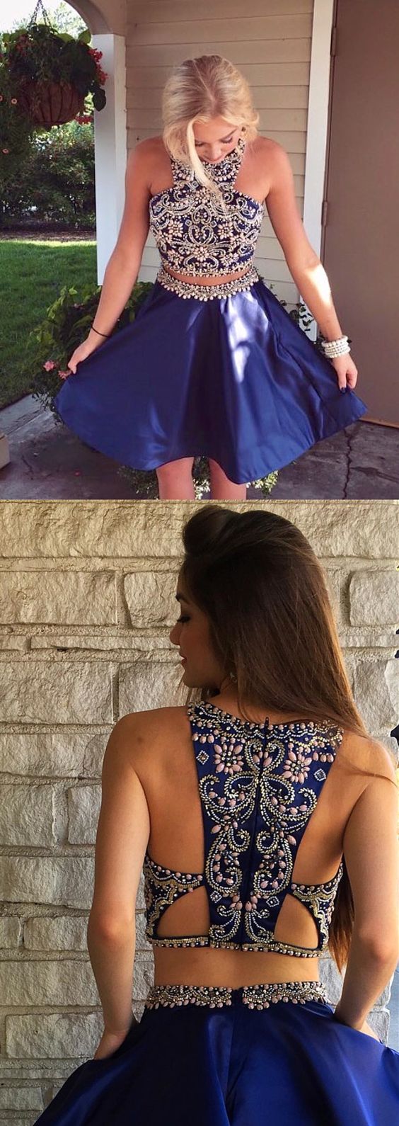 Homecoming Dresses Teagan Two Piece Short Navy Blue Dresses , Beaded Short homecoming Dresses Dancing Dresses CD1082