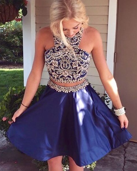 Homecoming Dresses Teagan Two Piece Short Navy Blue Dresses , Beaded Short homecoming Dresses Dancing Dresses CD1082