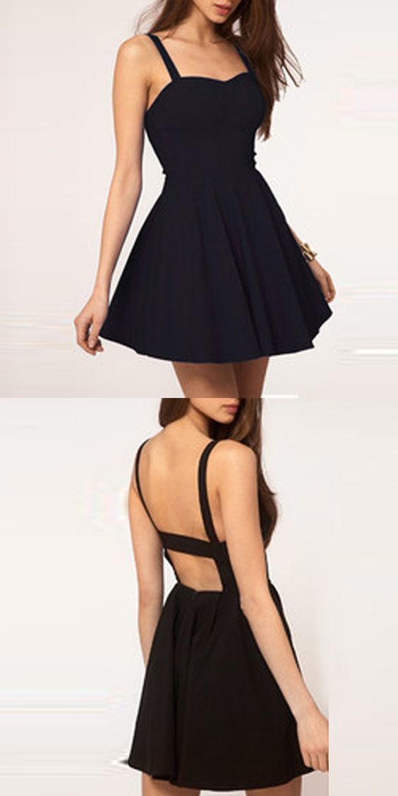 Simple A-Line Spaghetti Homecoming Dresses Straps Backless Black Short , Sexy Cocktail Dress Nydia CD1102