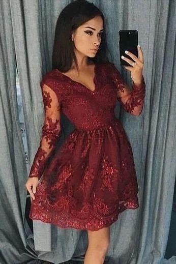 Burgundy Long Sleeve Lace Dress Homecoming Dresses Priscilla CD12110